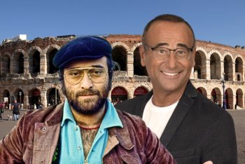 Lucio Dalla e Carlo Conti fotomontati davanti all'Arena di Verona