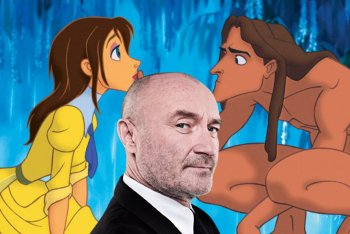 Phil Collins in sovraimpressione in un frame del classico Disney "Tarzan"