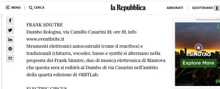Frank Sinutre sul sito di Repubblica in occasione del live a Bologna al Dumbo per il RoBOt Festival 2020:
